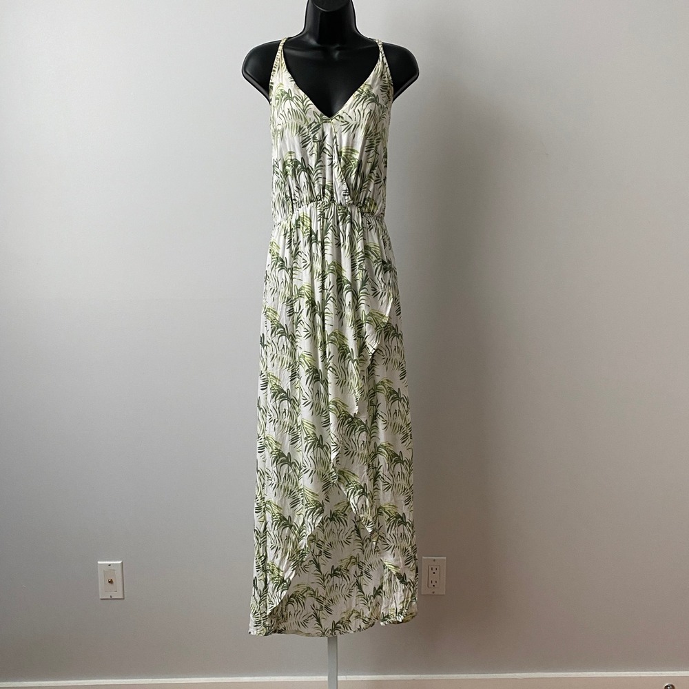 Tiare Hawaii One Size White Green Palm Print Maxi Dress High Low Backless Boho
